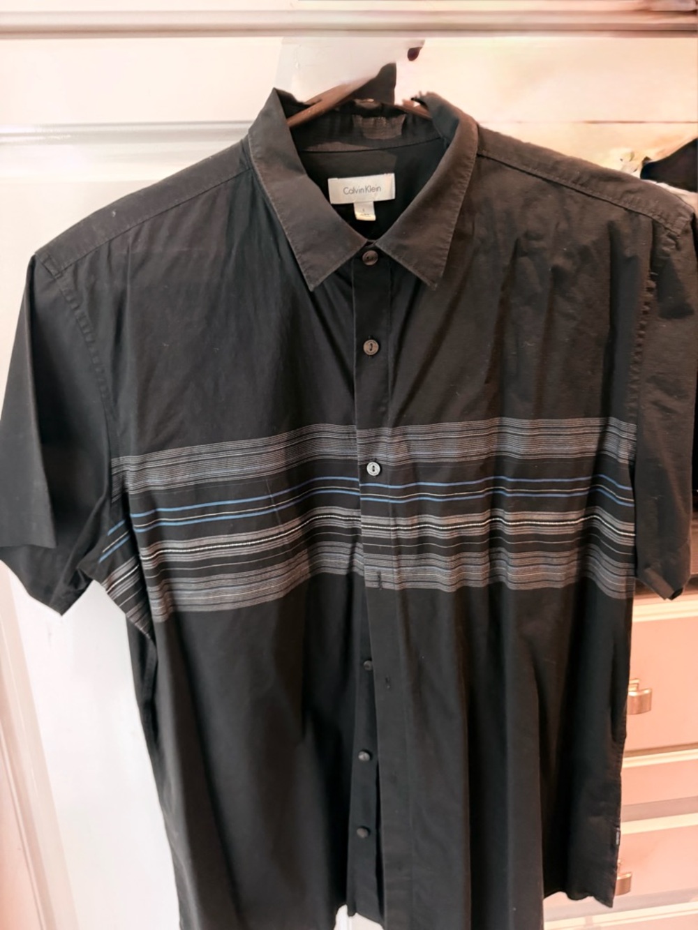 Calvin Klein Black Short-Sleeve Button-Down Shirt with Gray & Blue Stripes
